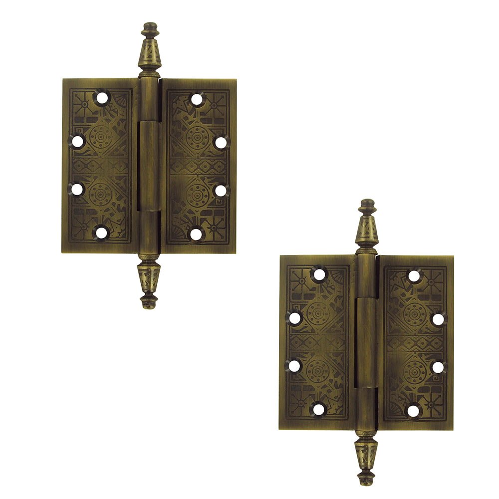Solid Brass 4 1/2" x 4 1/2" Square Door Hinge (Sold as a Pair) in Antique Brass