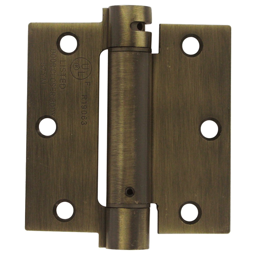 3 1/2" x 3 1/2" Standard Square Spring Door Hinge (Sold Individually) in Antique Brass