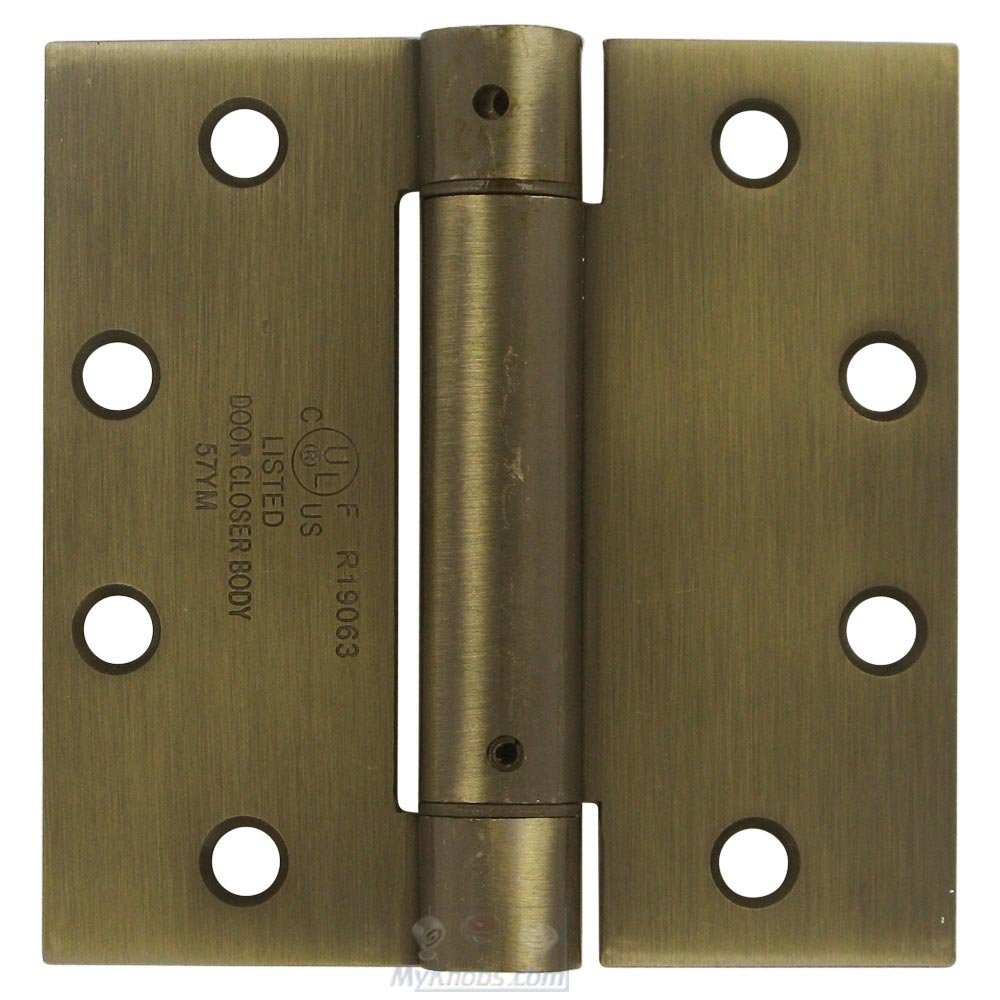 4 1/2" x 4 1/2" Standard Square Spring Door Hinge (Sold Individually) in Antique Brass