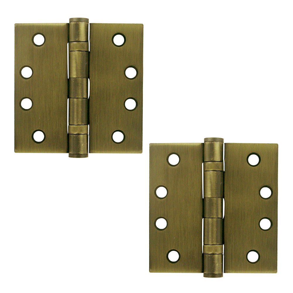 4" x 4" 2 Ball Bearing/Heavy Duty Square Door Hinge (Sold as a Pair) in Antique Brass