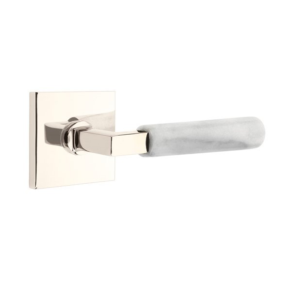 Single Dummy White Marble Right Handed Lever With L-Square Stem And Square Rose In Polished Nickel