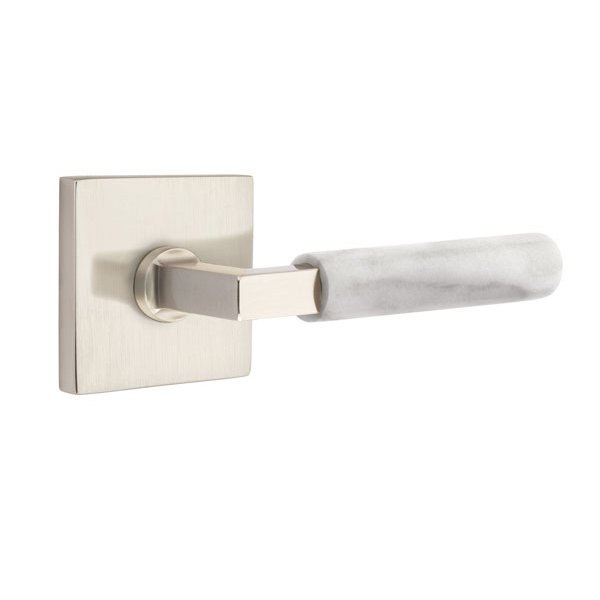 Single Dummy White Marble Left Handed Lever With L-Square Stem And Square Rose In Satin Nickel