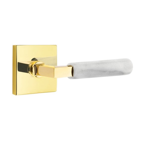 Double Dummy White Marble Right Handed Lever With L-Square Stem And Square Rose In Unlacquered Brass