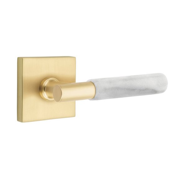 Double Dummy White Marble Left Handed Lever With T-Bar Stem And Square Rose In Satin Brass