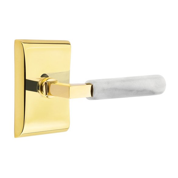 Double Dummy White Marble Left Handed Lever With L-Square Stem And Neos Rose In Unlacquered Brass
