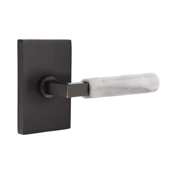 Single Dummy White Marble Right Handed Lever With L-Square Stem And Modern Rectangular Rose In Oil Rubbed Bronze