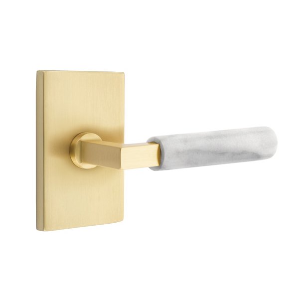 Single Dummy White Marble Right Handed Lever With L-Square Stem And Modern Rectangular Rose In Satin Brass