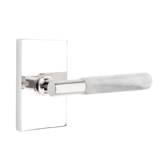 Single Dummy White Marble Left Handed Lever With T-Bar Stem And Modern Rectangular Rose In Polished Chrome