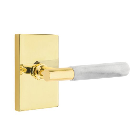 Single Dummy White Marble Right Handed Lever With T-Bar Stem And Modern Rectangular Rose In Unlacquered Brass
