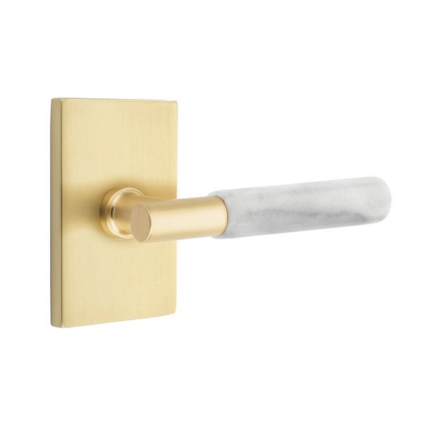 Single Dummy White Marble Right Handed Lever With T-Bar Stem And Modern Rectangular Rose In Satin Brass