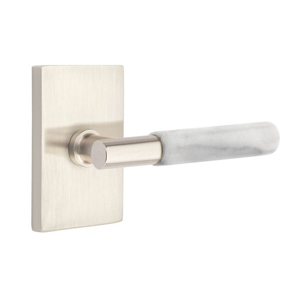 Double Dummy White Marble Left Handed Lever With T-Bar Stem And Modern Rectangular Rose In Satin Nickel