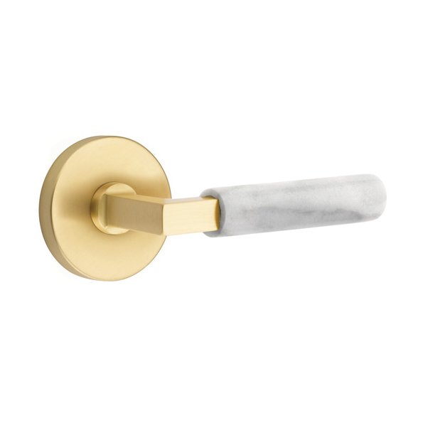 Single Dummy White Marble Left Handed Lever With L-Square Stem And Disk Rose In Satin Brass