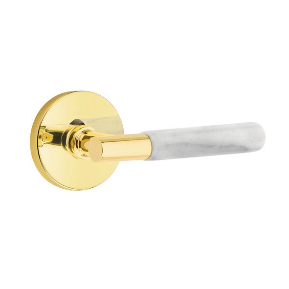 Single Dummy White Marble Right Handed Lever With T-Bar Stem And Disk Rose In Unlacquered Brass