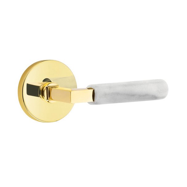 Double Dummy White Marble Left Handed Lever With L-Square Stem And Disk Rose In Unlacquered Brass