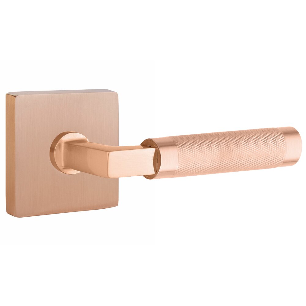 Passage Knurled Right Handed Lever with L-Square Stem and Square Rosette With Concealed Screws in Satin Rose Gold