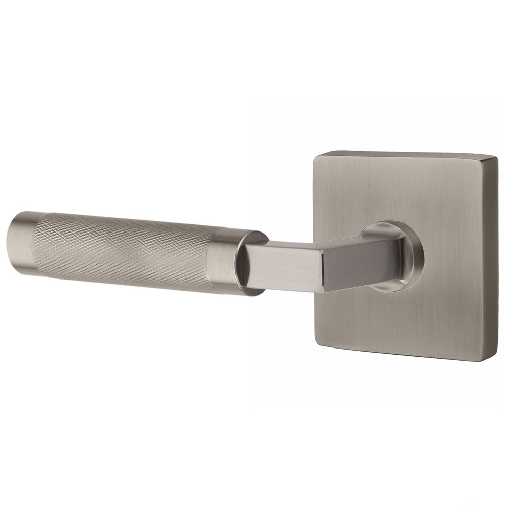 Passage Knurled Left Handed Lever with L-Square Stem and Square Rosette With Concealed Screws in Pewter