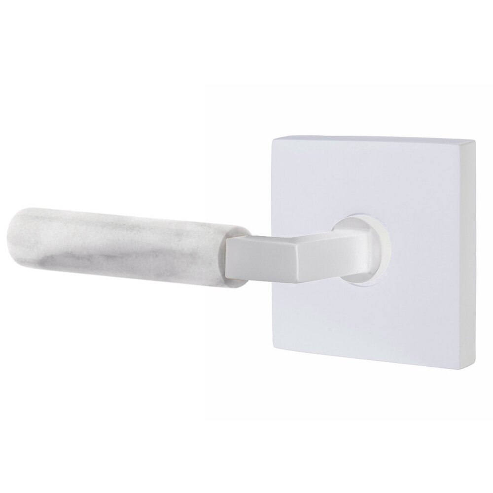 Passage White Marble Left Handed Lever With L-Square Stem And Square Rosette With Concealed Screws In Matte White