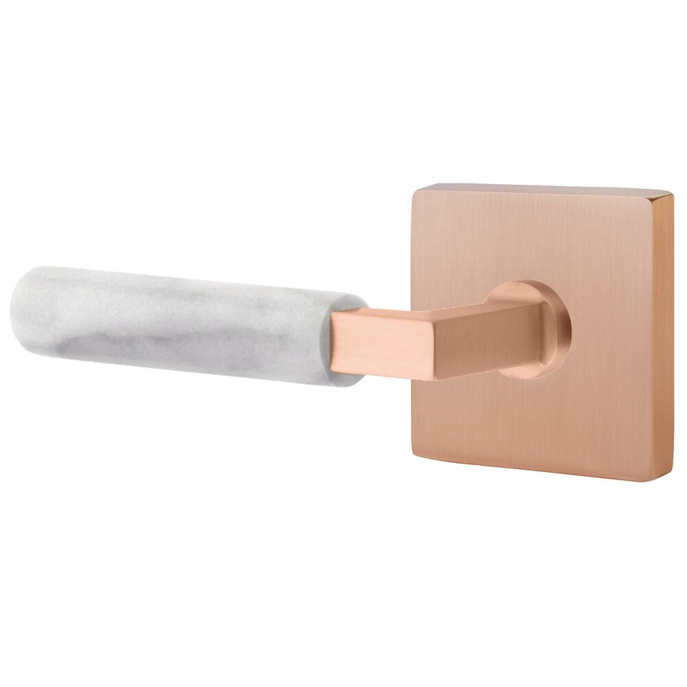 Passage White Marble Left Handed Lever With L-Square Stem And Square Rosette With Concealed Screws In Satin Rose Gold