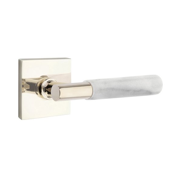 Passage White Marble Right Handed Lever With T-Bar Stem And Square Rose In Polished Nickel