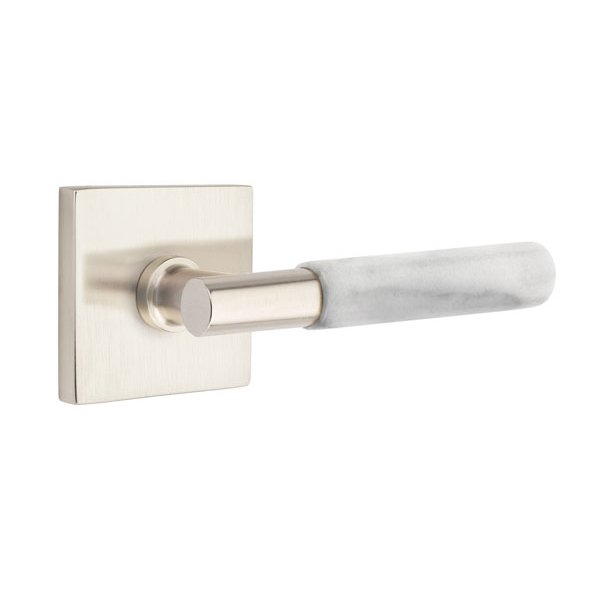 Passage White Marble Lever With T-Bar Stem And Square Rose with Concealed Screws In Satin Nickel