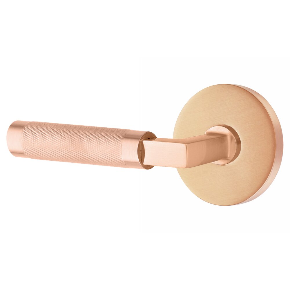 Privacy Knurled Left Handed Lever with L-Square Stem and Disk Rosette With Concealed Screws in Satin Rose Gold