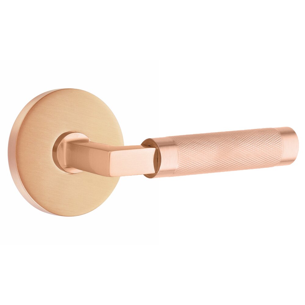 Privacy Knurled Right Handed Lever with L-Square Stem and Disk Rosette With Concealed Screws in Satin Rose Gold