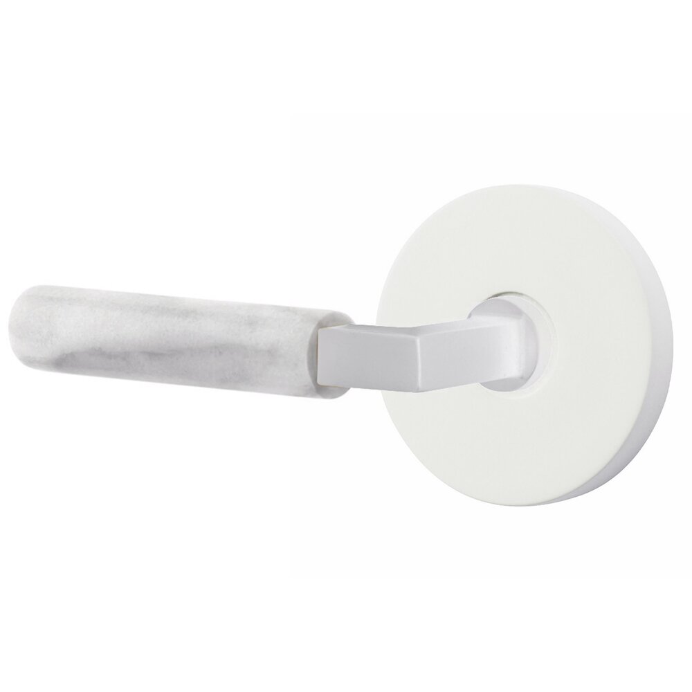 Privacy White Marble Left Handed Lever With L-Square Stem And Disk Rosette With Concealed Screws In Matte White