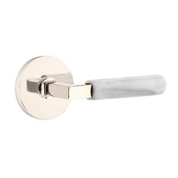 Privacy White Marble Lever With L-Square Stem And Disk Rose with Concealed Screws In Polished Nickel