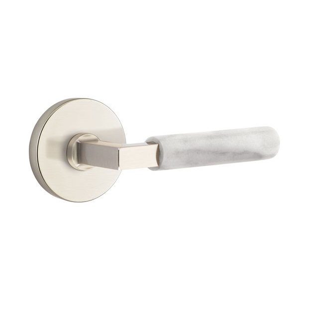 Privacy White Marble Lever With L-Square Stem And Disk Rose with Concealed Screws In Satin Nickel