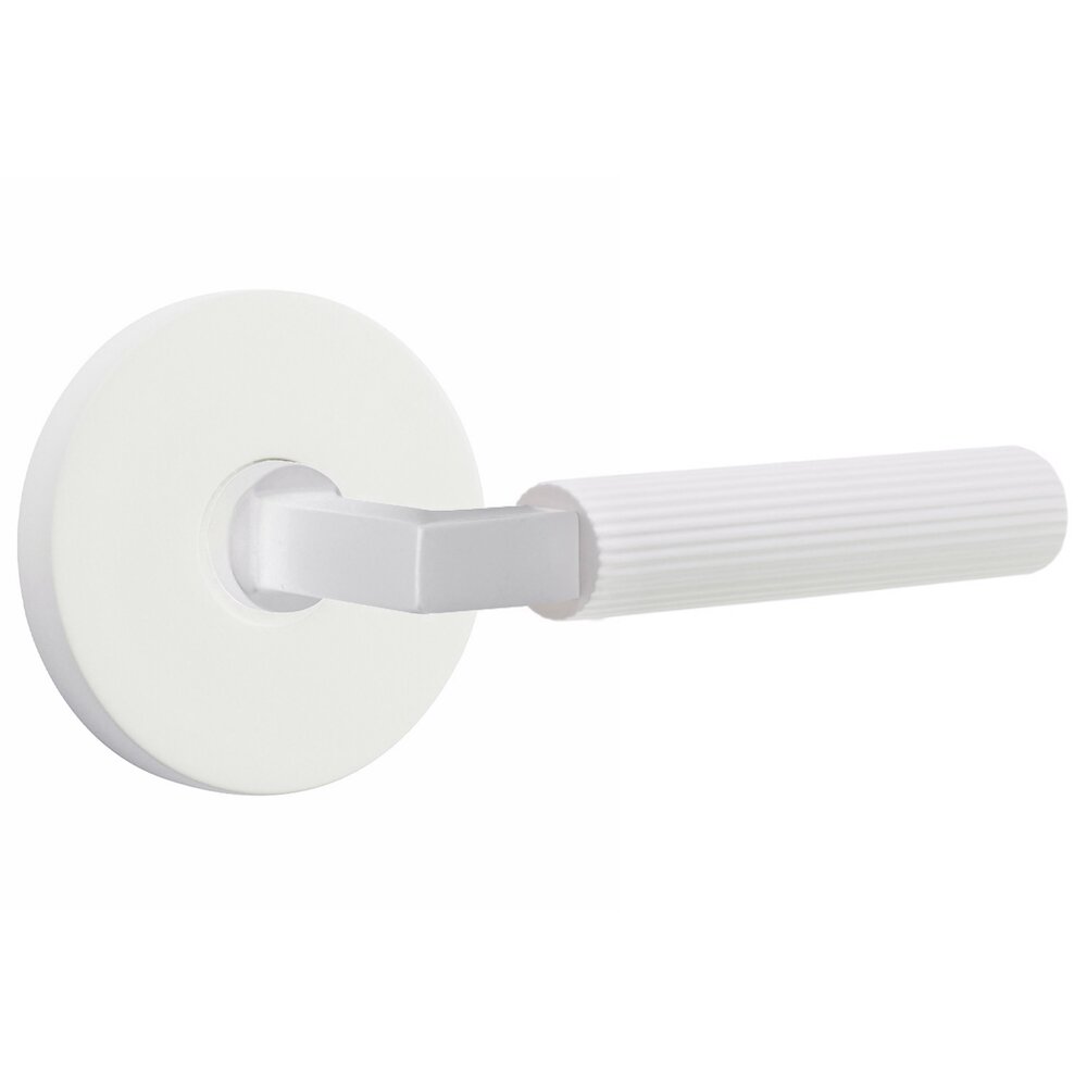 Privacy Straight Knurled Right Handed Lever With L-Square Stem And Disk Rosette With Concealed Screws In Matte White