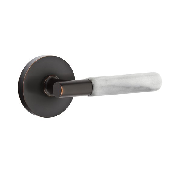 Privacy White Marble Lever With T-Bar Stem And Disk Rose with Concealed Screws In Oil Rubbed Bronze