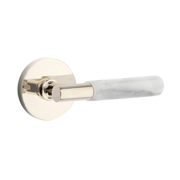 Privacy White Marble Lever With T-Bar Stem And Disk Rose with Concealed Screws In Polished Nickel