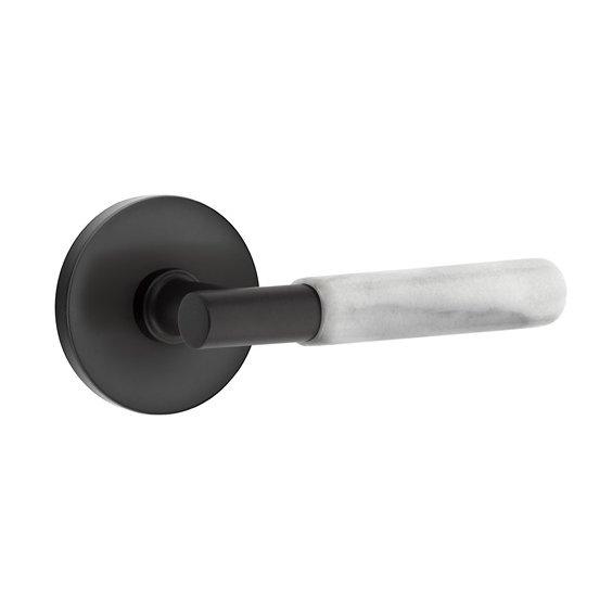 Privacy White Marble Lever With T-Bar Stem And Disk Rose with Concealed Screws In Flat Black