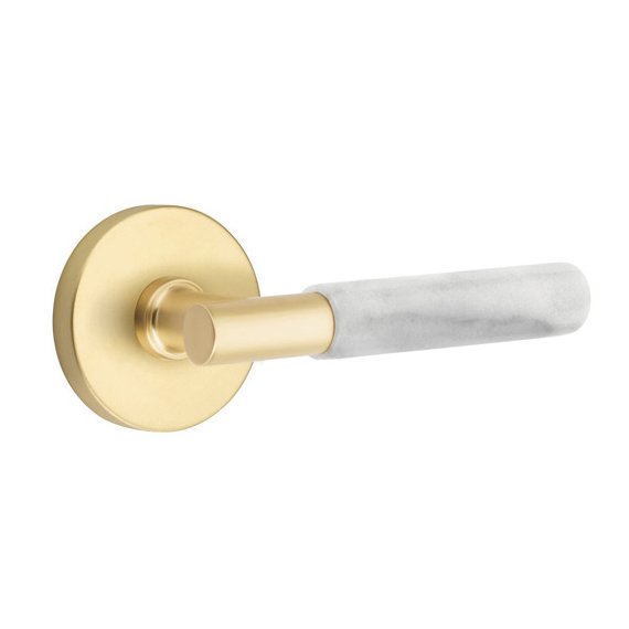 Privacy White Marble Lever With T-Bar Stem And Disk Rose with Concealed Screws In Satin Brass