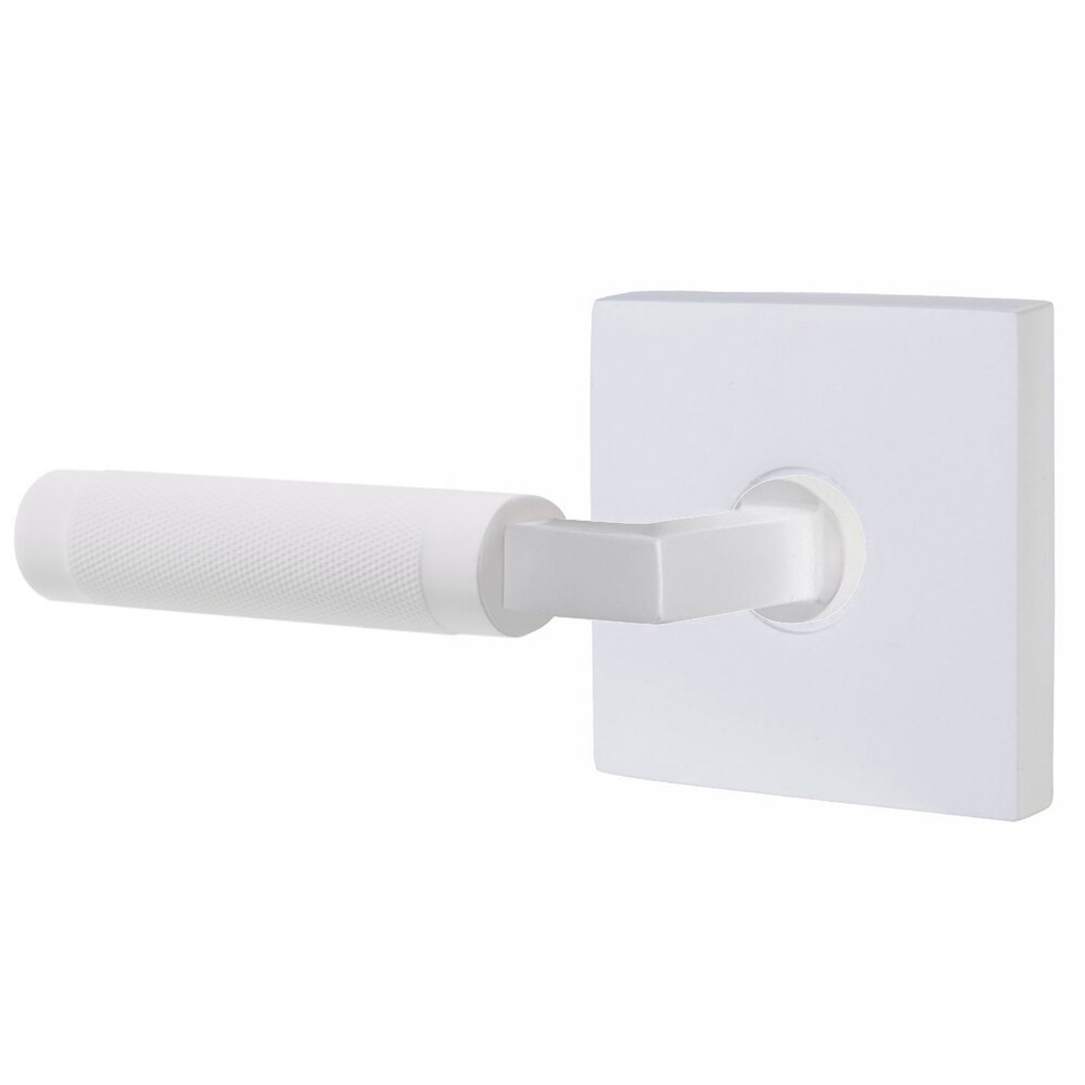 Privacy Knurled Left Handed Lever with L-Square Stem and Square Rosette With Concealed Screws in Matte White