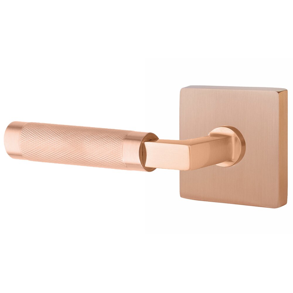 Privacy Knurled Left Handed Lever with L-Square Stem and Square Rosette With Concealed Screws in Satin Rose Gold