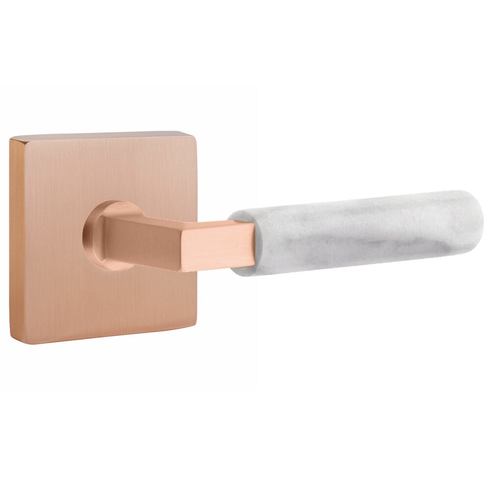 Privacy White Marble Right Handed Lever With L-Square Stem And Square Rosette With Concealed Screws In Satin Rose Gold
