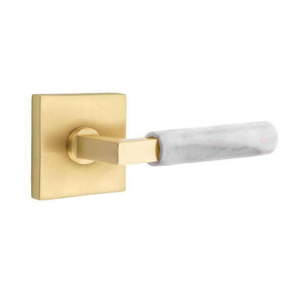 Privacy White Marble Right Handed Lever With L-Square Stem And Square Rose In Satin Brass