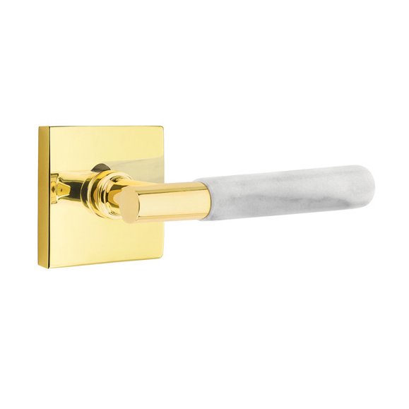 Privacy White Marble Lever With T-Bar Stem And Square Rose with Concealed Screws In Unlacquered Brass