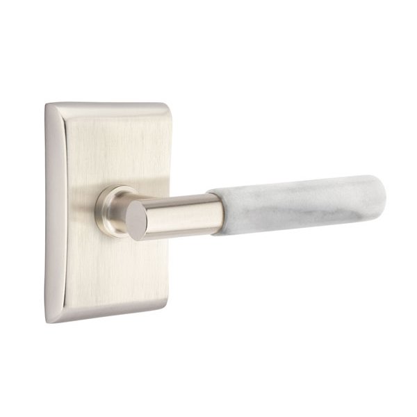 Privacy White Marble Lever With T-Bar Stem And Neos Rose with Concealed Screws In Satin Nickel