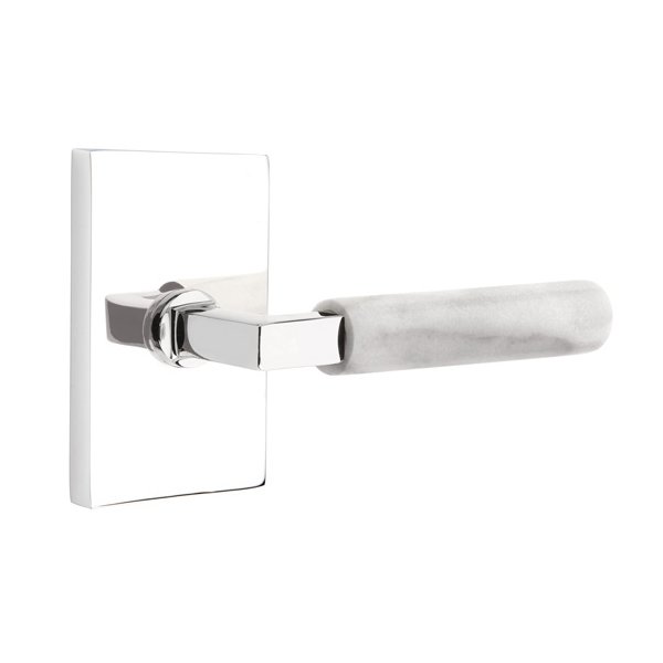 Privacy White Marble Right Handed Lever With L-Square Stem And Modern Rectangular Rose In Polished Chrome