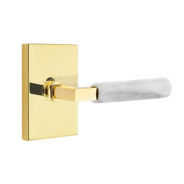 Privacy White Marble Right Handed Lever With L-Square Stem And Modern Rectangular Rose In Unlacquered Brass