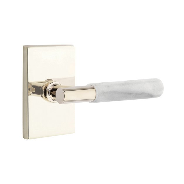 Privacy White Marble Lever With T-Bar Stem And Modern Rectangular Rose with Concealed Screws In Polished Nickel