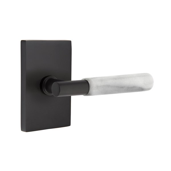 Privacy White Marble Lever With T-Bar Stem And Modern Rectangular Rose with Concealed Screws In Flat Black