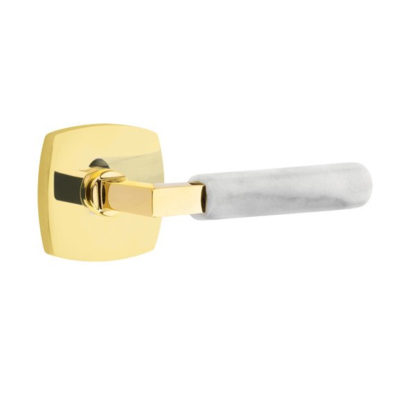Single Dummy White Marble Left Handed Lever With L-Square Stem And Urban Modern Rose In Unlacquered Brass