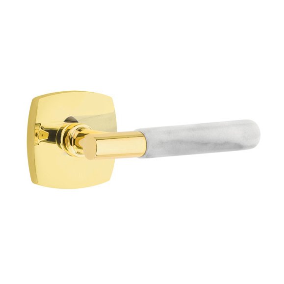 Single Dummy White Marble Right Handed Lever With T-Bar Stem And Urban Modern Rose In Unlacquered Brass
