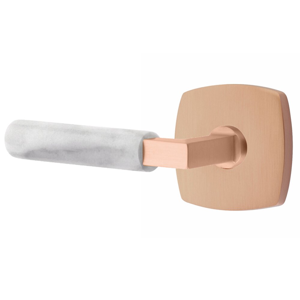 Double Dummy White Marble Left Handed Lever With L-Square Stem And Urban Modern Rose In Satin Rose Gold
