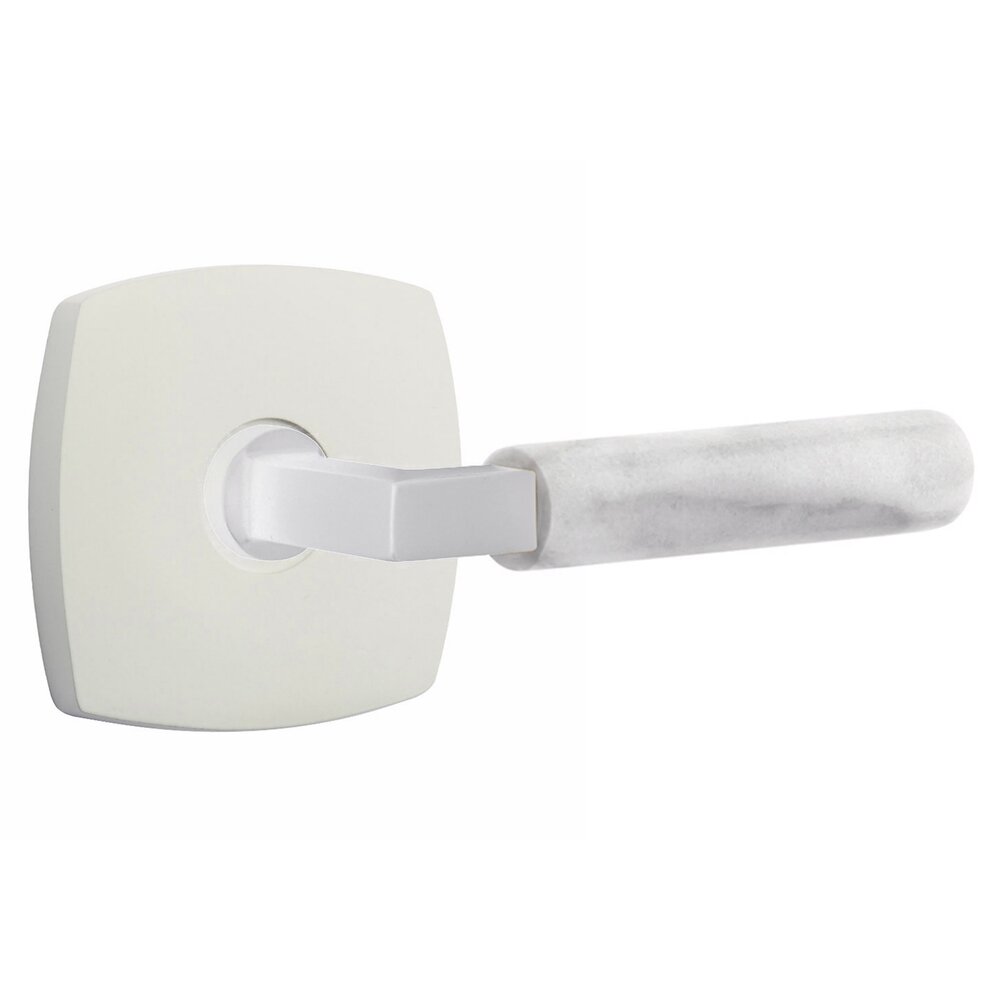 Passage White Marble Right Handed Lever With L-Square Stem And Urban Modern Rosette With Concealed Screws In Matte White