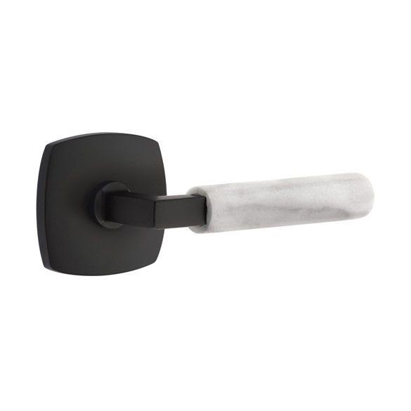 Passage White Marble Lever With L-Square Stem And Urban Modern Rose with Concealed Screws In Flat Black