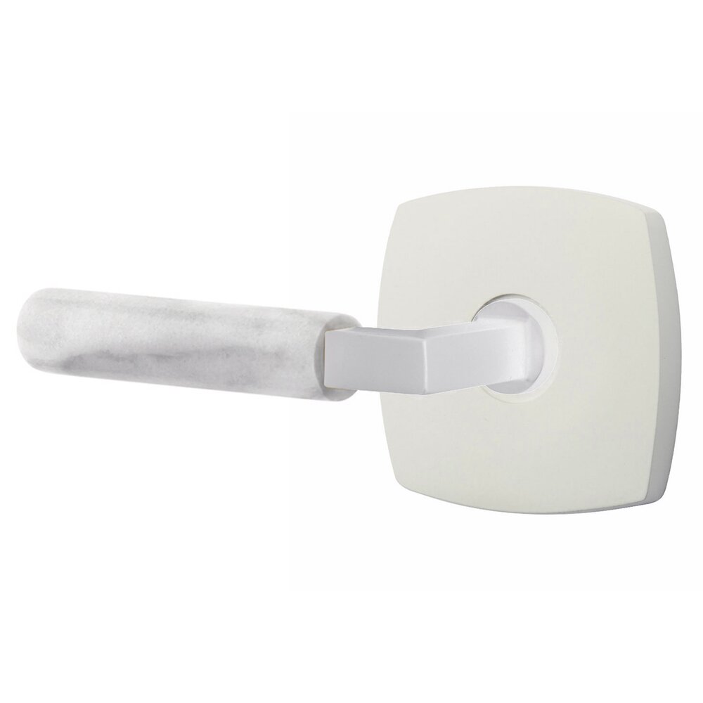 Privacy White Marble Left Handed Lever With L-Square Stem And Urban Modern Rosette With Concealed Screws In Matte White